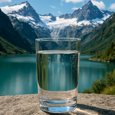 Water glass in front of mountains